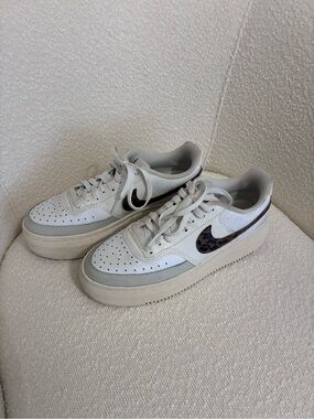 Nike Court Vision Alta White Leopard Print Leather Low Top Sneakers Womens